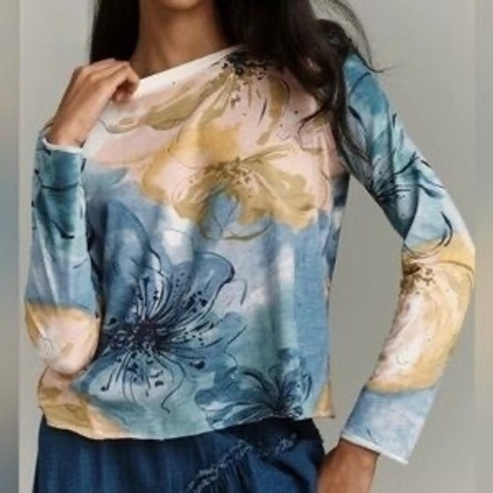 NEW Anthropologie Maeve Caitlin Boxy Long Sleeve Tee Women's Large Boho Top